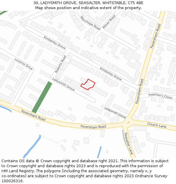 30, LADYSMITH GROVE, SEASALTER, WHITSTABLE, CT5 4BE: Location map and indicative extent of plot