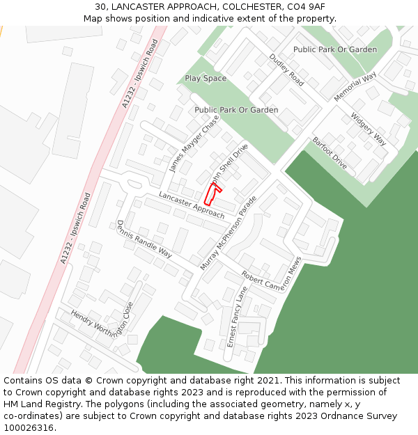 30, LANCASTER APPROACH, COLCHESTER, CO4 9AF: Location map and indicative extent of plot