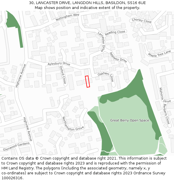 30, LANCASTER DRIVE, LANGDON HILLS, BASILDON, SS16 6UE: Location map and indicative extent of plot