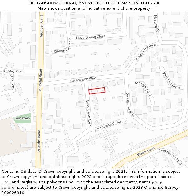 30, LANSDOWNE ROAD, ANGMERING, LITTLEHAMPTON, BN16 4JX: Location map and indicative extent of plot