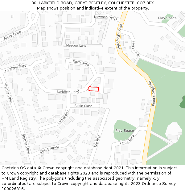 30, LARKFIELD ROAD, GREAT BENTLEY, COLCHESTER, CO7 8PX: Location map and indicative extent of plot