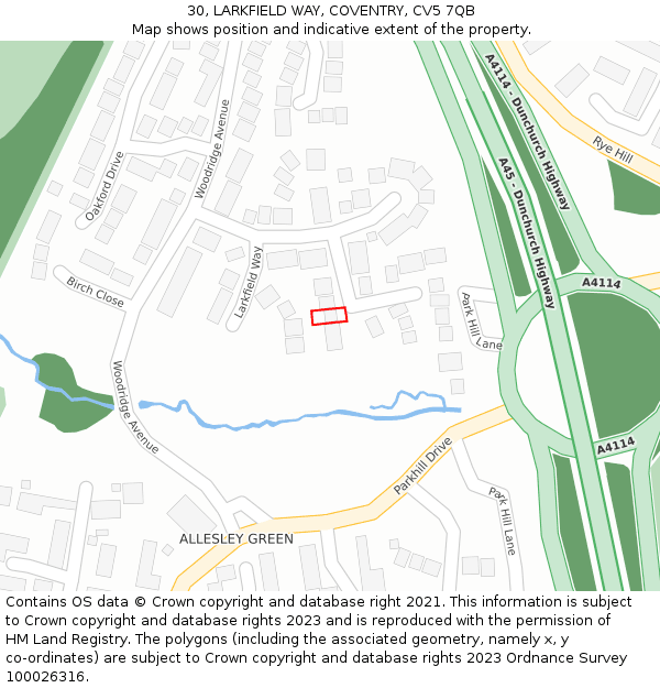 30, LARKFIELD WAY, COVENTRY, CV5 7QB: Location map and indicative extent of plot