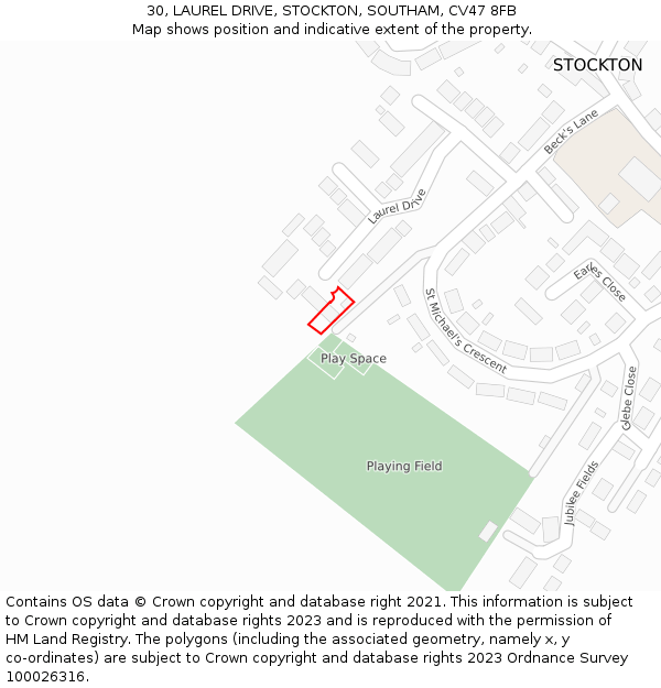 30, LAUREL DRIVE, STOCKTON, SOUTHAM, CV47 8FB: Location map and indicative extent of plot