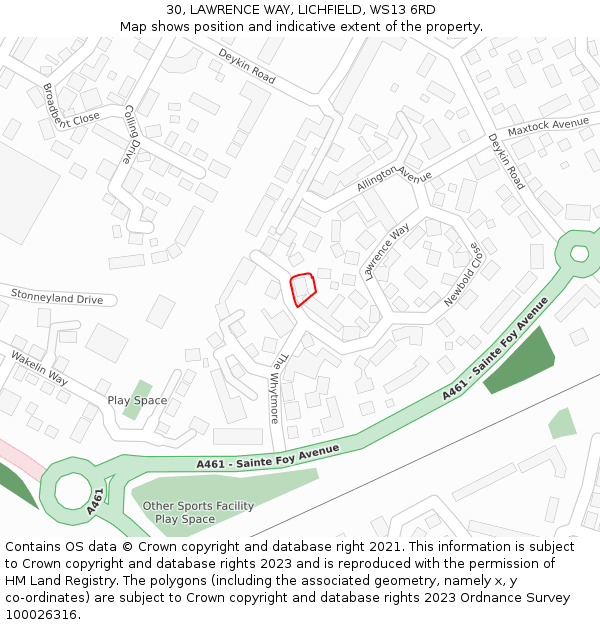 30, LAWRENCE WAY, LICHFIELD, WS13 6RD: Location map and indicative extent of plot