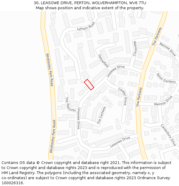 30, LEASOWE DRIVE, PERTON, WOLVERHAMPTON, WV6 7TU: Location map and indicative extent of plot