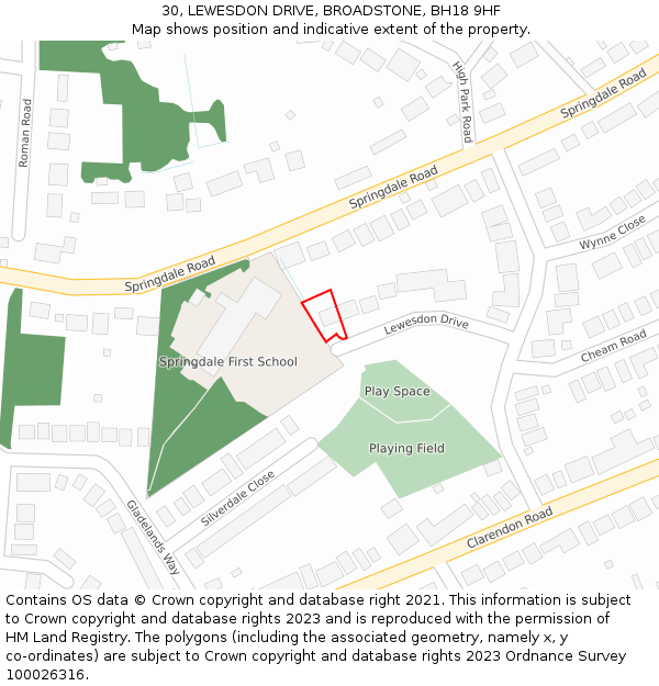 30, LEWESDON DRIVE, BROADSTONE, BH18 9HF: Location map and indicative extent of plot