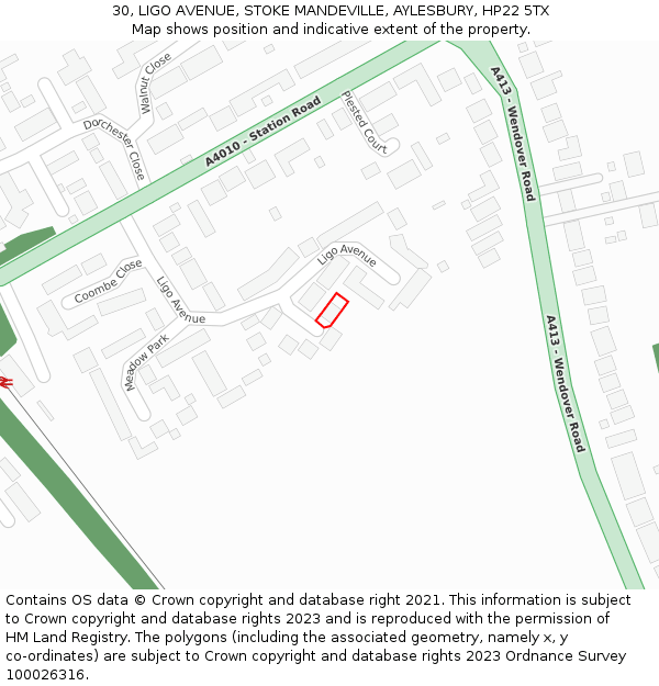 30, LIGO AVENUE, STOKE MANDEVILLE, AYLESBURY, HP22 5TX: Location map and indicative extent of plot