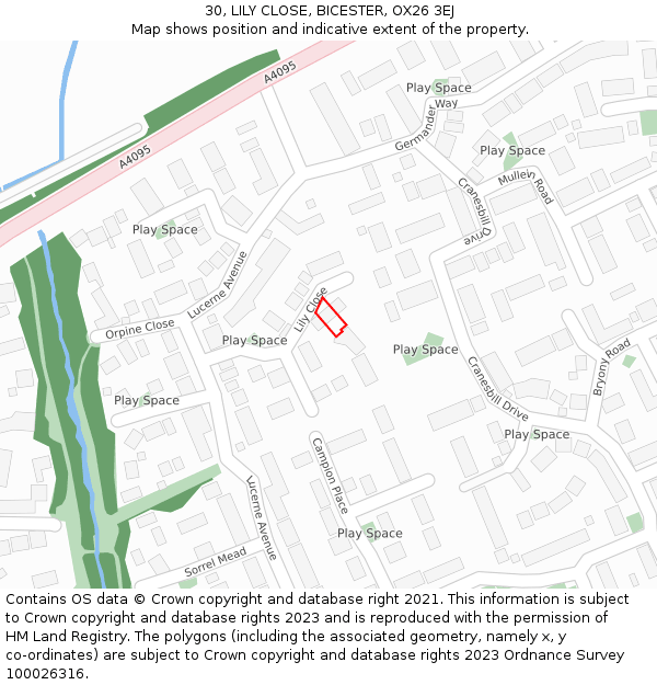 30, LILY CLOSE, BICESTER, OX26 3EJ: Location map and indicative extent of plot