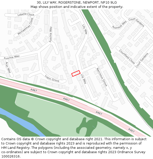 30, LILY WAY, ROGERSTONE, NEWPORT, NP10 9LG: Location map and indicative extent of plot