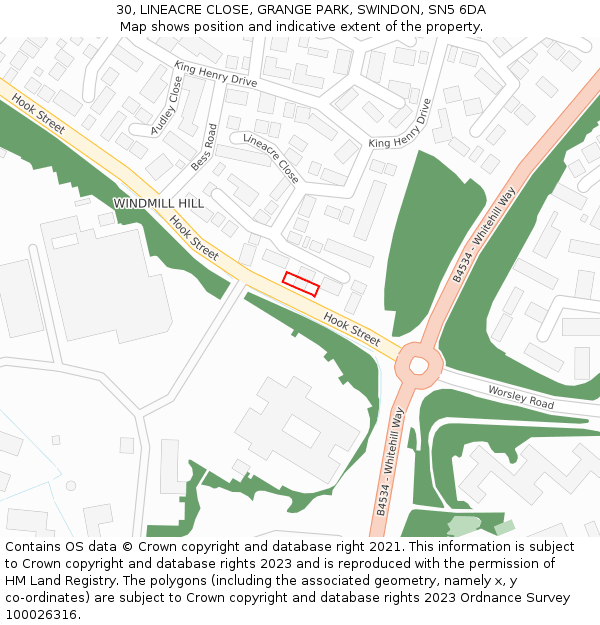 30, LINEACRE CLOSE, GRANGE PARK, SWINDON, SN5 6DA: Location map and indicative extent of plot