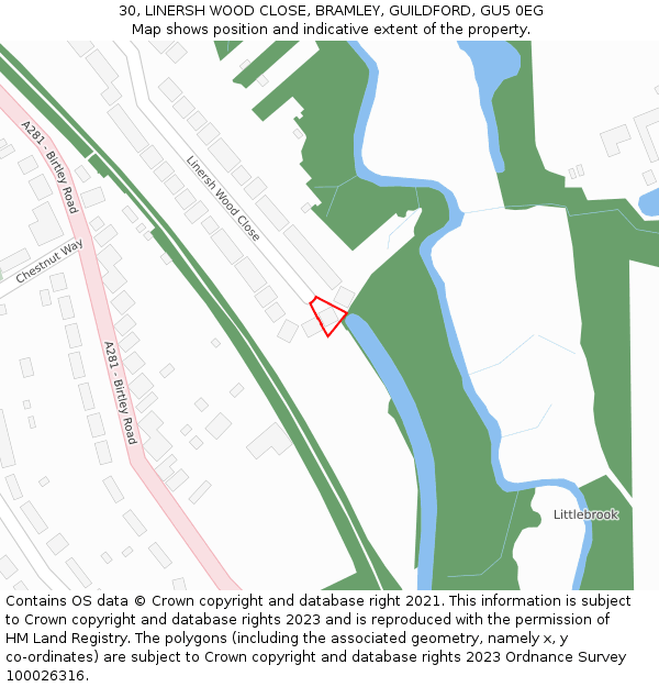 30, LINERSH WOOD CLOSE, BRAMLEY, GUILDFORD, GU5 0EG: Location map and indicative extent of plot
