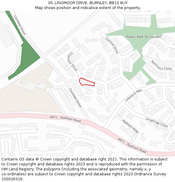 30, LINGMOOR DRIVE, BURNLEY, BB12 8UY: Location map and indicative extent of plot