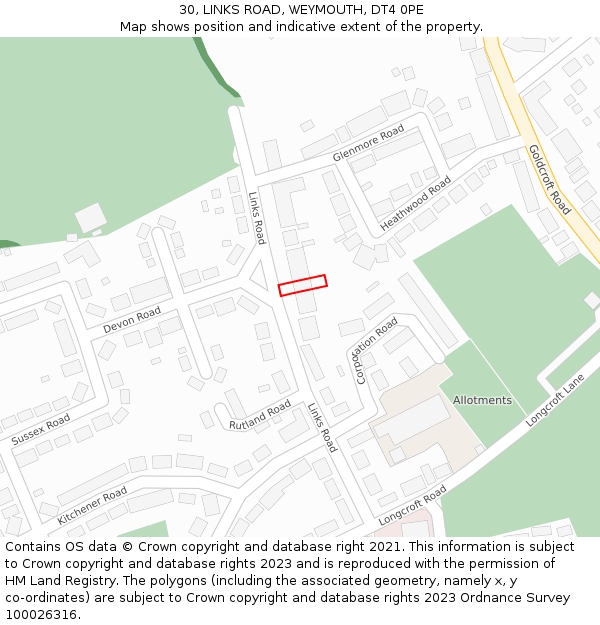 30, LINKS ROAD, WEYMOUTH, DT4 0PE: Location map and indicative extent of plot