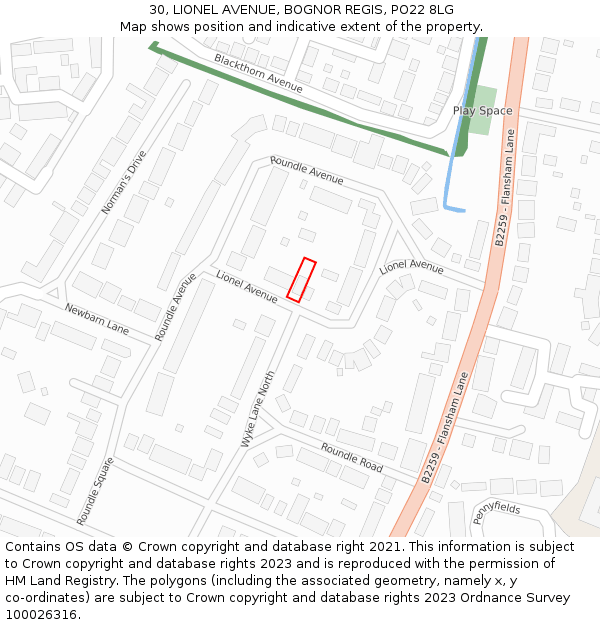 30, LIONEL AVENUE, BOGNOR REGIS, PO22 8LG: Location map and indicative extent of plot