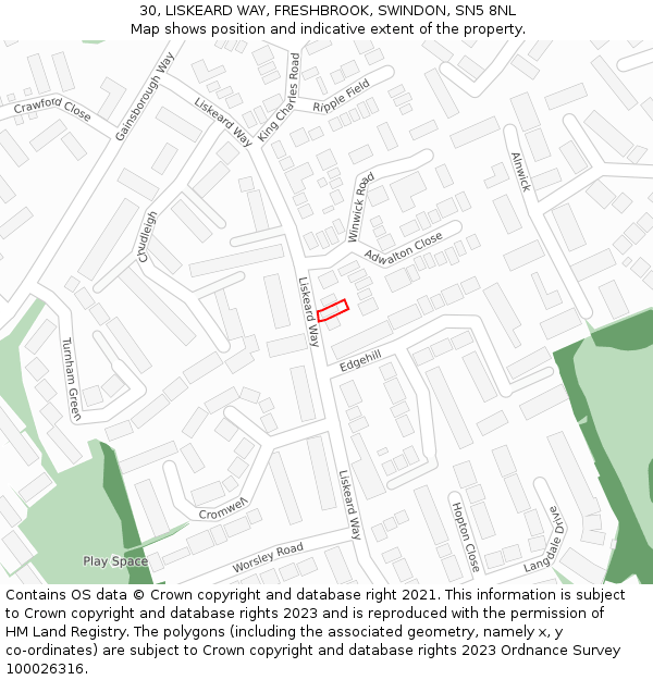 30, LISKEARD WAY, FRESHBROOK, SWINDON, SN5 8NL: Location map and indicative extent of plot