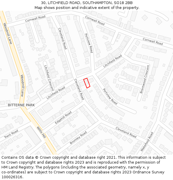 30, LITCHFIELD ROAD, SOUTHAMPTON, SO18 2BB: Location map and indicative extent of plot