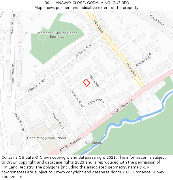 30, LLANAWAY CLOSE, GODALMING, GU7 3ED: Location map and indicative extent of plot