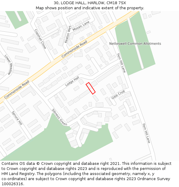 30, LODGE HALL, HARLOW, CM18 7SX: Location map and indicative extent of plot