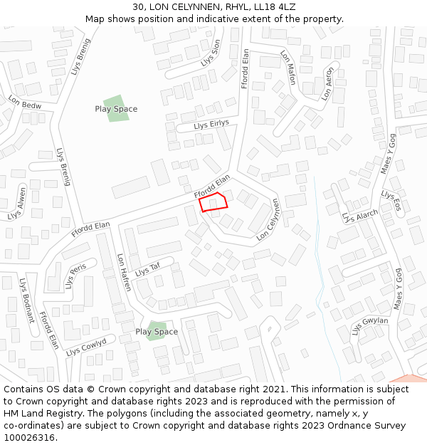 30, LON CELYNNEN, RHYL, LL18 4LZ: Location map and indicative extent of plot