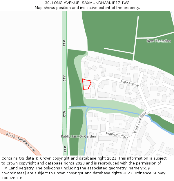 30, LONG AVENUE, SAXMUNDHAM, IP17 1WG: Location map and indicative extent of plot