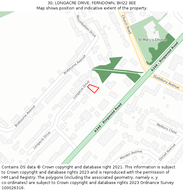 30, LONGACRE DRIVE, FERNDOWN, BH22 9EE: Location map and indicative extent of plot