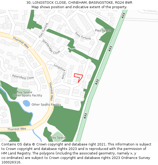 30, LONGSTOCK CLOSE, CHINEHAM, BASINGSTOKE, RG24 8WR: Location map and indicative extent of plot