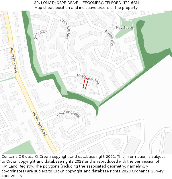 30, LONGTHORPE DRIVE, LEEGOMERY, TELFORD, TF1 6SN: Location map and indicative extent of plot