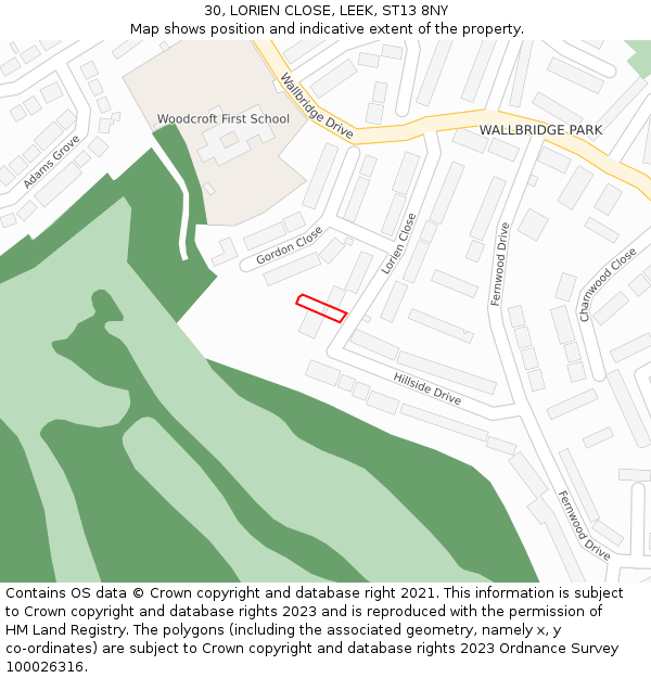 30, LORIEN CLOSE, LEEK, ST13 8NY: Location map and indicative extent of plot