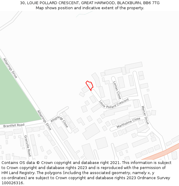 30, LOUIE POLLARD CRESCENT, GREAT HARWOOD, BLACKBURN, BB6 7TG: Location map and indicative extent of plot