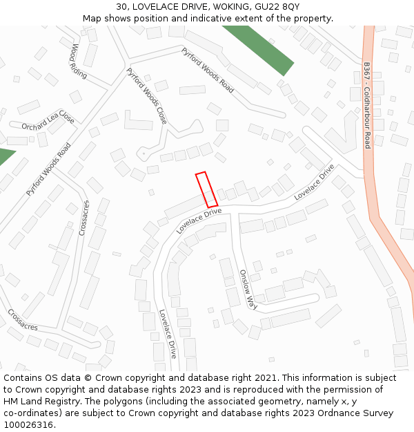 30, LOVELACE DRIVE, WOKING, GU22 8QY: Location map and indicative extent of plot