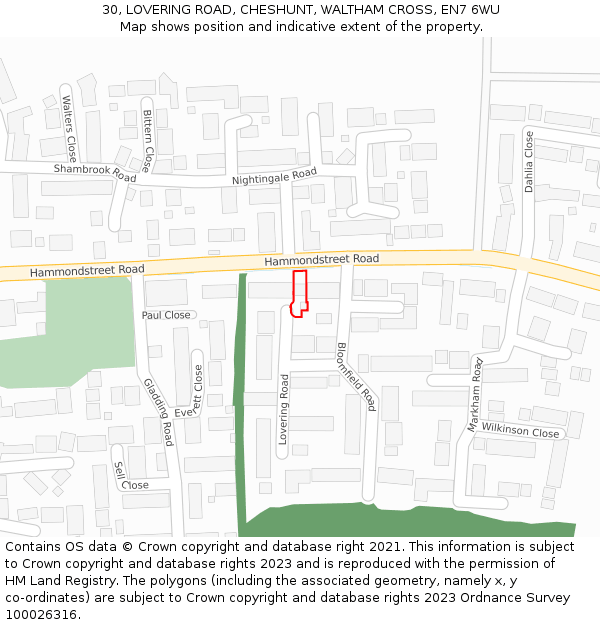 30, LOVERING ROAD, CHESHUNT, WALTHAM CROSS, EN7 6WU: Location map and indicative extent of plot