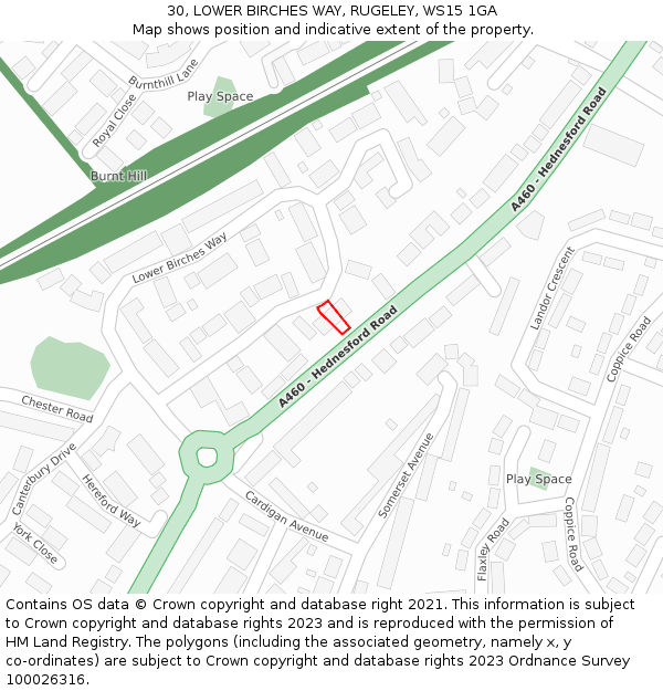 30, LOWER BIRCHES WAY, RUGELEY, WS15 1GA: Location map and indicative extent of plot