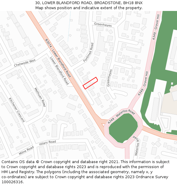 30, LOWER BLANDFORD ROAD, BROADSTONE, BH18 8NX: Location map and indicative extent of plot