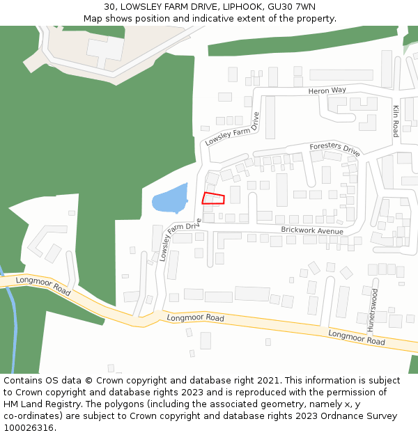 30, LOWSLEY FARM DRIVE, LIPHOOK, GU30 7WN: Location map and indicative extent of plot