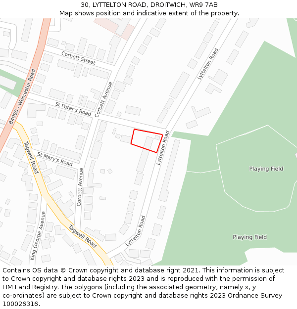 30, LYTTELTON ROAD, DROITWICH, WR9 7AB: Location map and indicative extent of plot