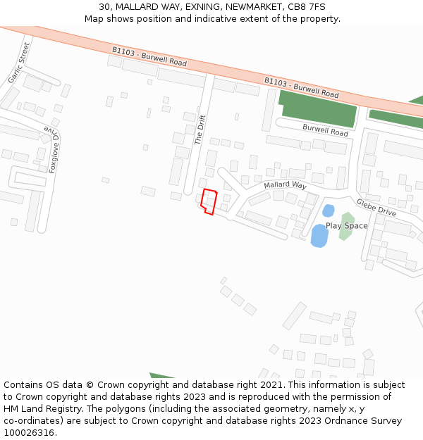 30, MALLARD WAY, EXNING, NEWMARKET, CB8 7FS: Location map and indicative extent of plot