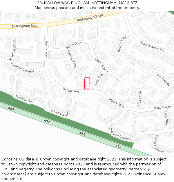 30, MALLOW WAY, BINGHAM, NOTTINGHAM, NG13 8TZ: Location map and indicative extent of plot