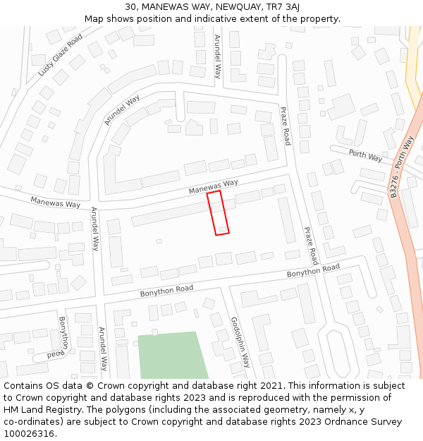 30, MANEWAS WAY, NEWQUAY, TR7 3AJ: Location map and indicative extent of plot