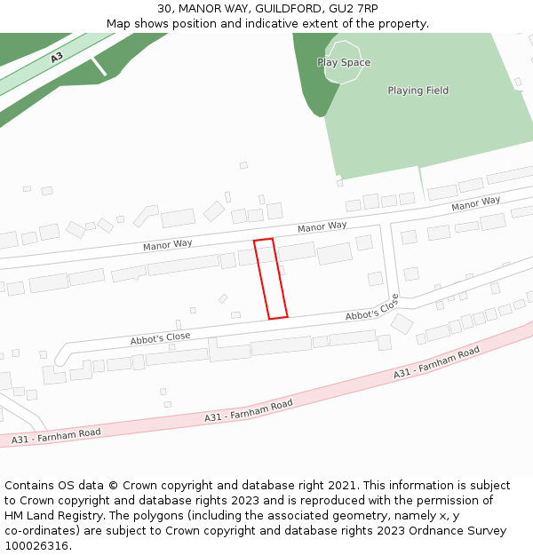 30, MANOR WAY, GUILDFORD, GU2 7RP: Location map and indicative extent of plot