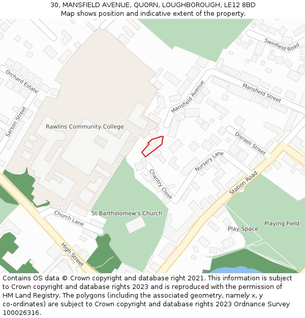 30, MANSFIELD AVENUE, QUORN, LOUGHBOROUGH, LE12 8BD: Location map and indicative extent of plot