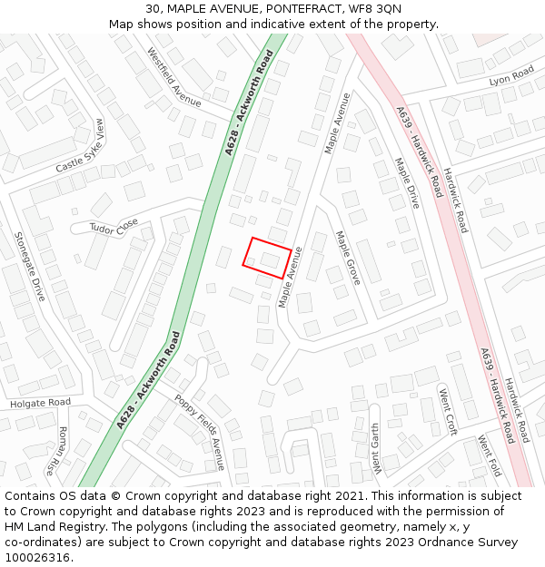 30, MAPLE AVENUE, PONTEFRACT, WF8 3QN: Location map and indicative extent of plot