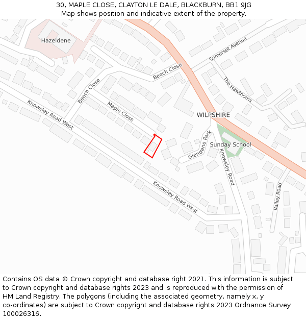 30, MAPLE CLOSE, CLAYTON LE DALE, BLACKBURN, BB1 9JG: Location map and indicative extent of plot