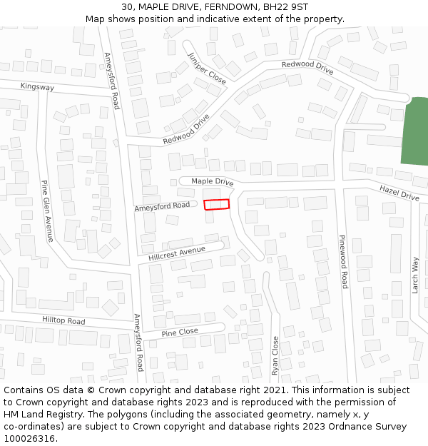 30, MAPLE DRIVE, FERNDOWN, BH22 9ST: Location map and indicative extent of plot