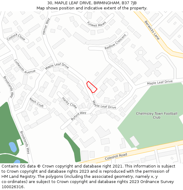 30, MAPLE LEAF DRIVE, BIRMINGHAM, B37 7JB: Location map and indicative extent of plot