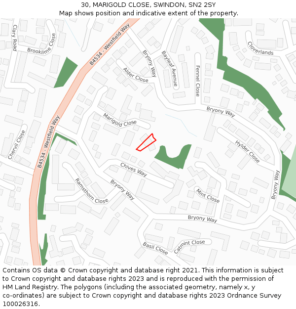 30, MARIGOLD CLOSE, SWINDON, SN2 2SY: Location map and indicative extent of plot