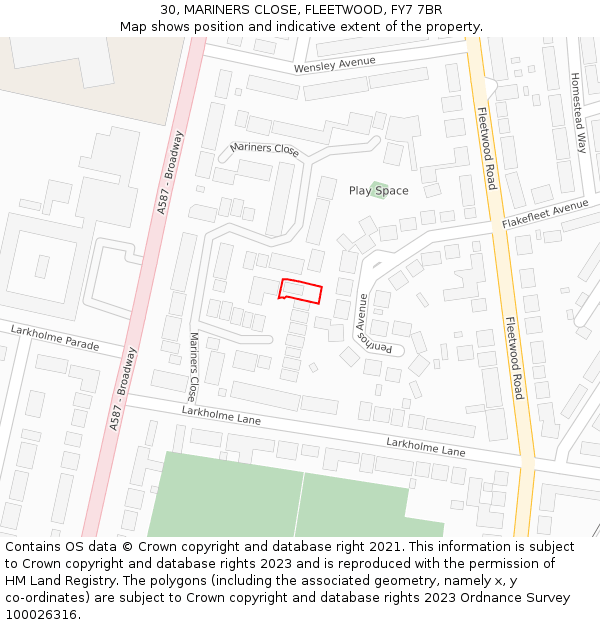 30, MARINERS CLOSE, FLEETWOOD, FY7 7BR: Location map and indicative extent of plot