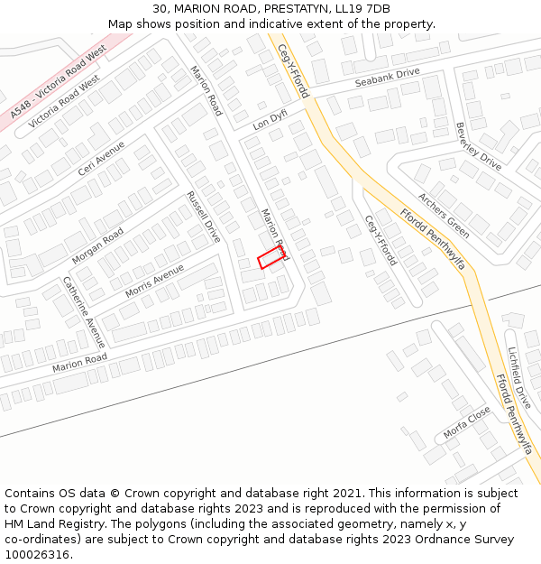 30, MARION ROAD, PRESTATYN, LL19 7DB: Location map and indicative extent of plot