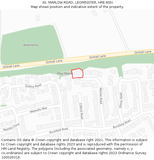 30, MARLOW ROAD, LEOMINSTER, HR6 8SN: Location map and indicative extent of plot