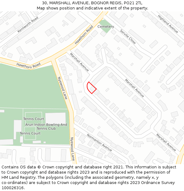 30, MARSHALL AVENUE, BOGNOR REGIS, PO21 2TL: Location map and indicative extent of plot