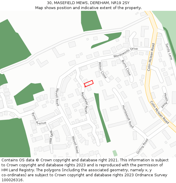 30, MASEFIELD MEWS, DEREHAM, NR19 2SY: Location map and indicative extent of plot